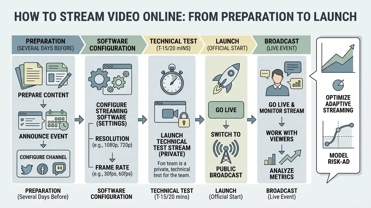 Step-by-step timeline showing the broadcast process from initial preparation to live event monitoring