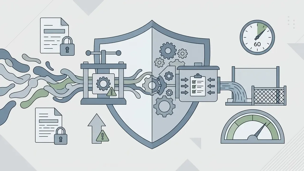 Flowchart showing data streams passing through a protective shield and gears for risk assessment