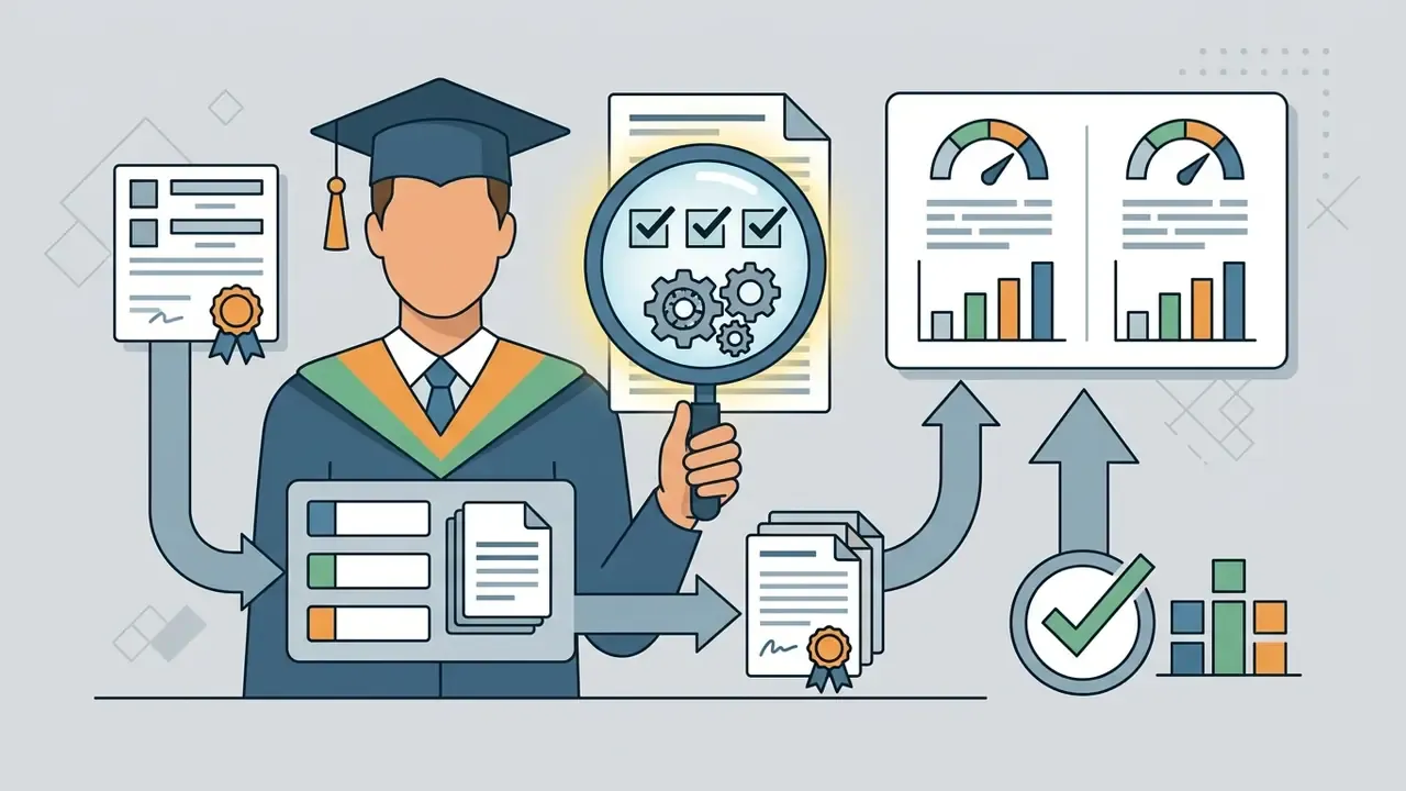 Expert in graduation attire using a magnifying glass to verify documents and generate performance metrics