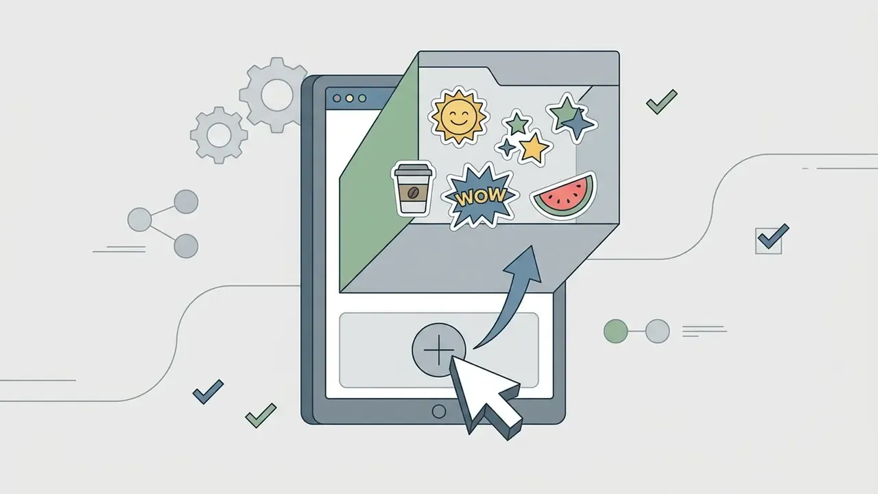 Cursor clicking a plus button on a smartphone to open a drawer filled with various colorful stickers