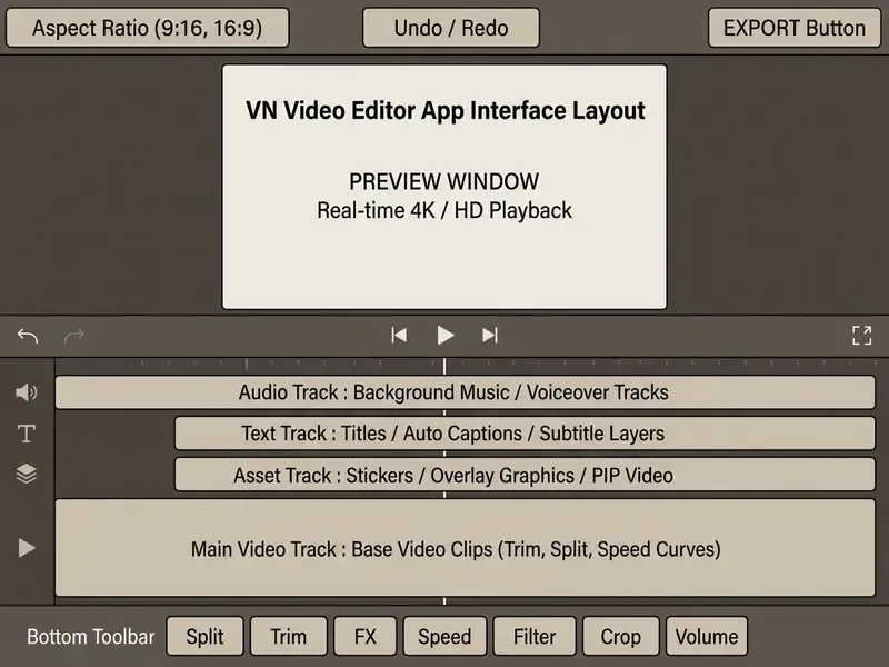 Diagram of the VN video editor app interface highlighting the preview window, timeline tracks, and tools
