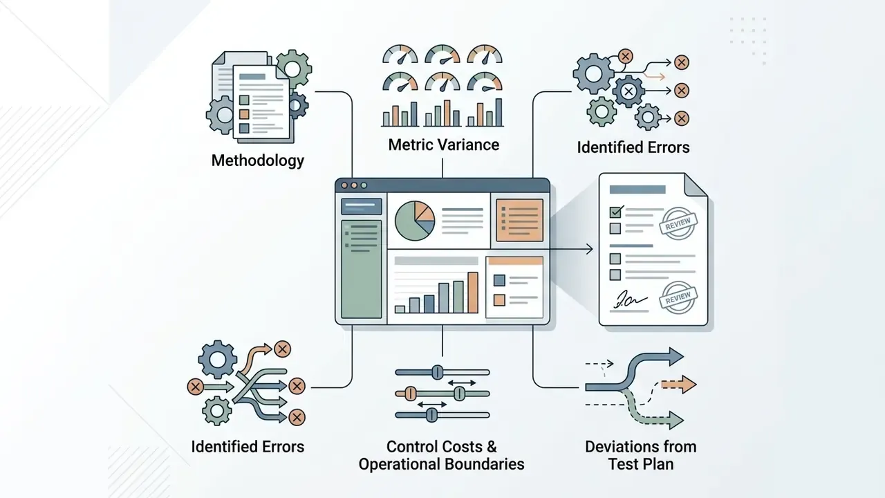 Central dashboard connected to six icons representing audit report components and data analysis steps