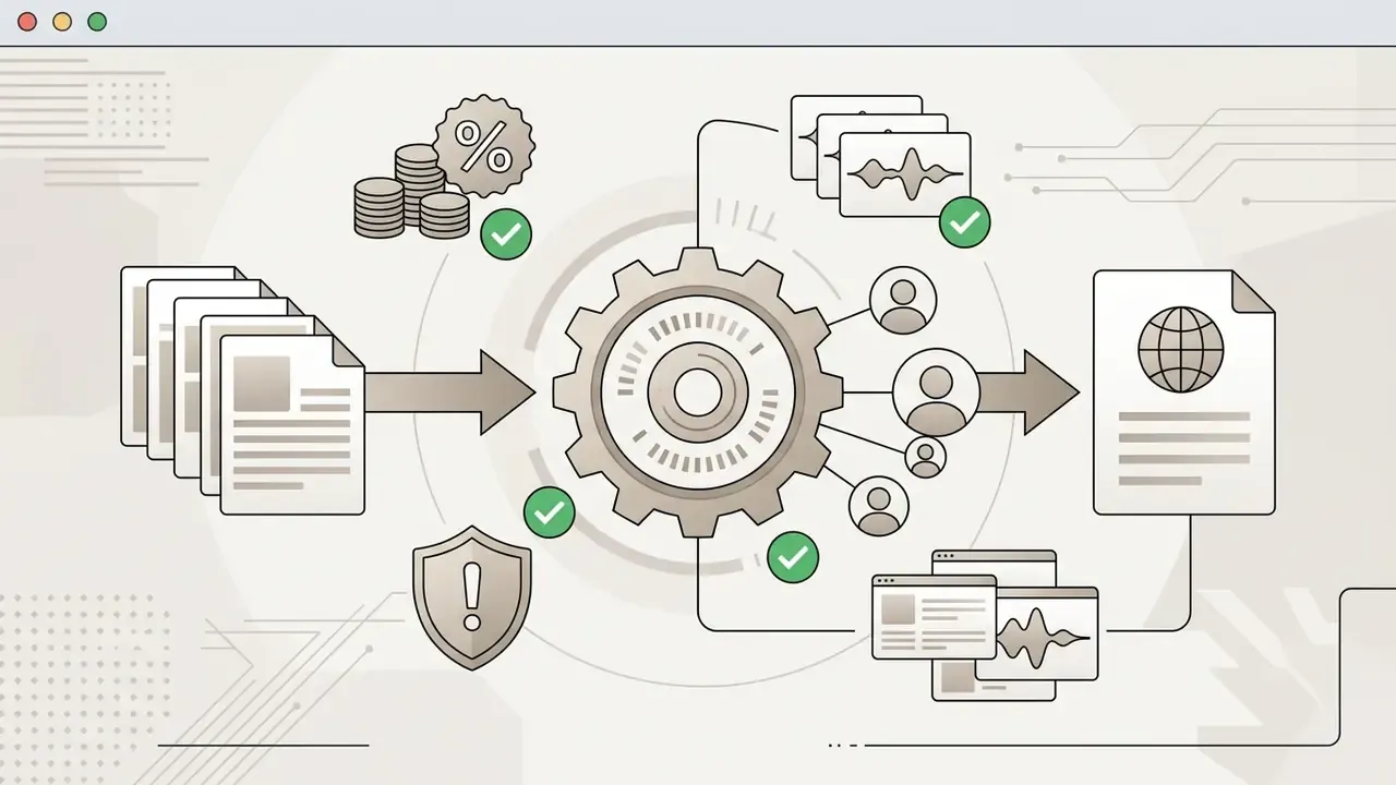 Diagram showing a central gear processing documents, user accounts, and audio files for global output