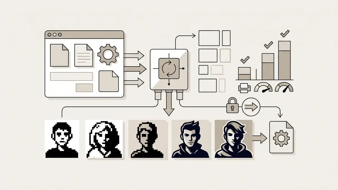 System flow showing file processing into diverse pixel and comic style avatars with security verification