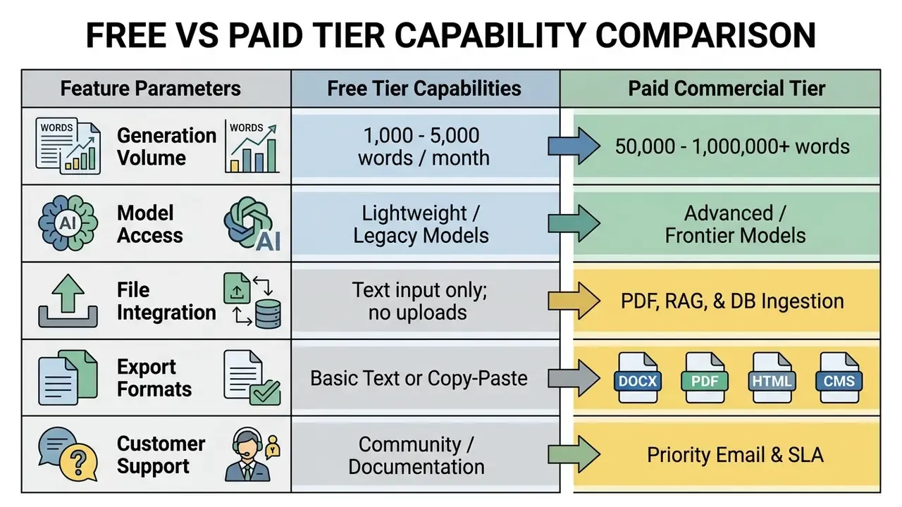 Comparison table contrasting feature parameters between free and paid software subscription tiers