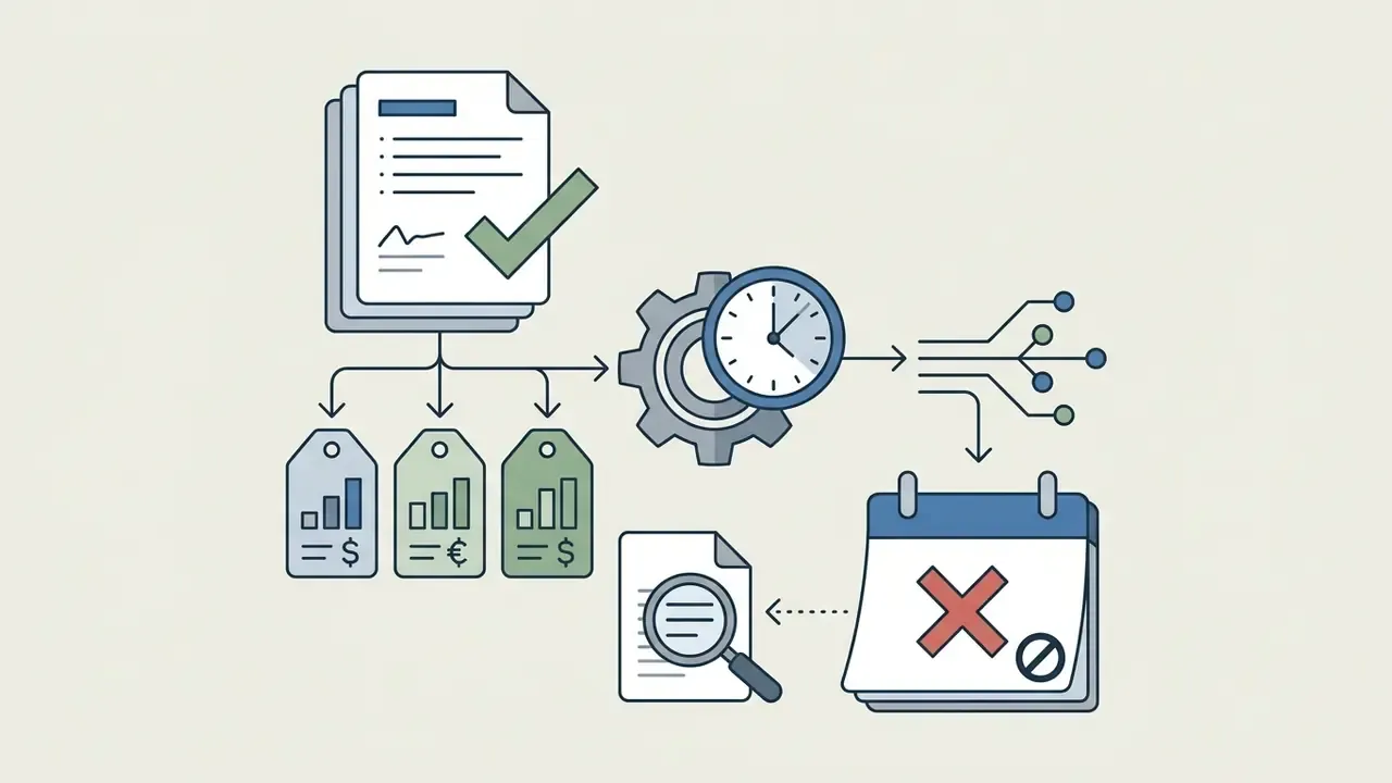 Document with checkmark branching into price tags, a clock gear, and a calendar showing a red cross