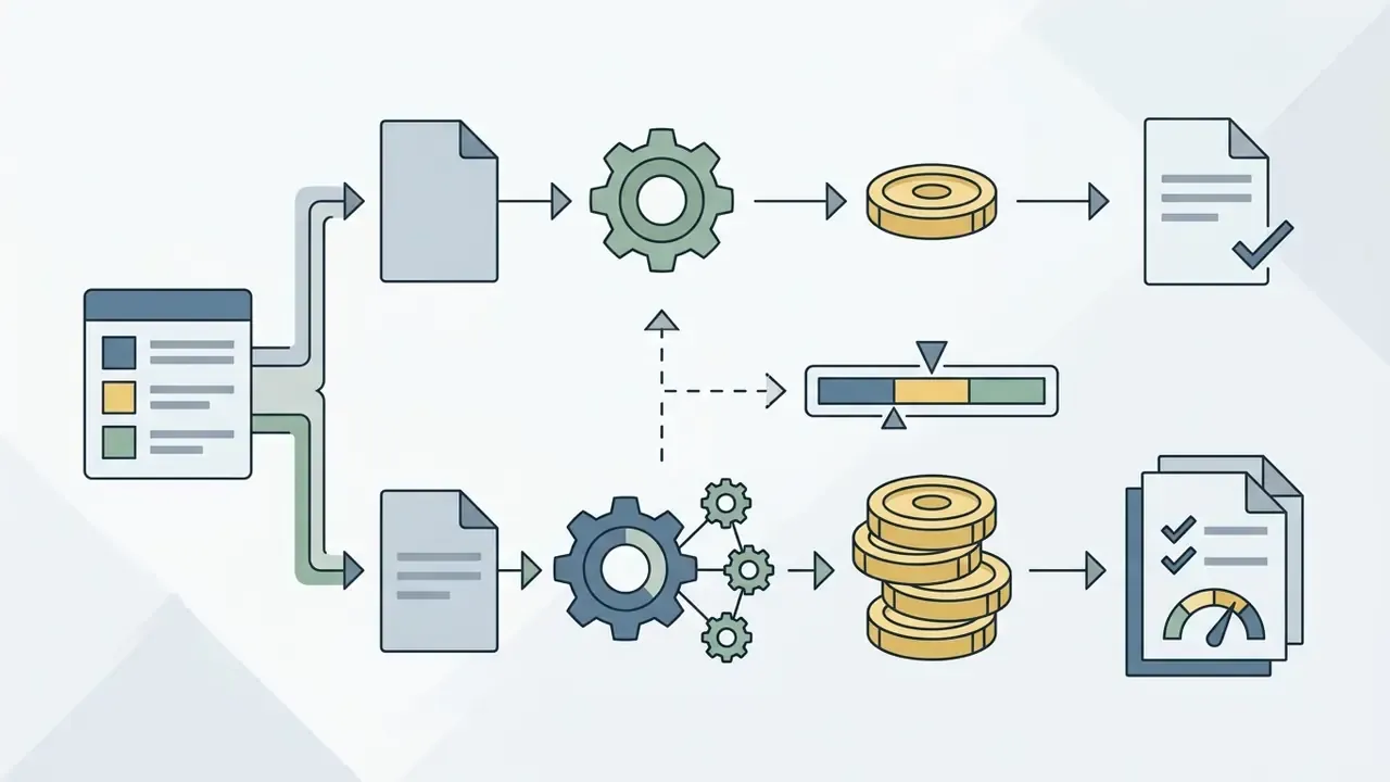 Document files passing through gears and credit stacks to emerge as processed files with status indicators