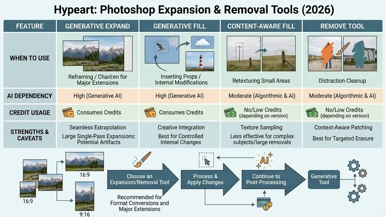 Comparison table detailing AI dependency and credit usage for Photoshop expansion and removal tools