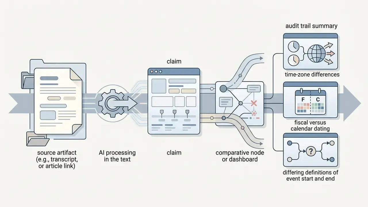 Source artifacts processed into claims and compared against audit criteria for time and event definitions
