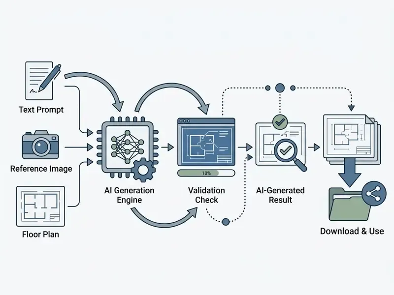 Sequence showing inputs processed by an AI engine through validation to final architectural outputs