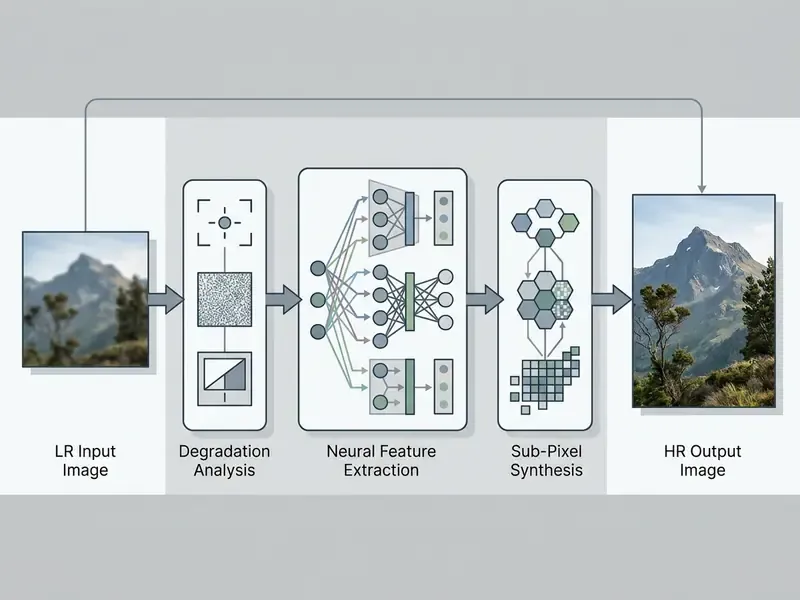Diagram showing the workflow from a low-resolution input image through neural processing to a high-resolution output