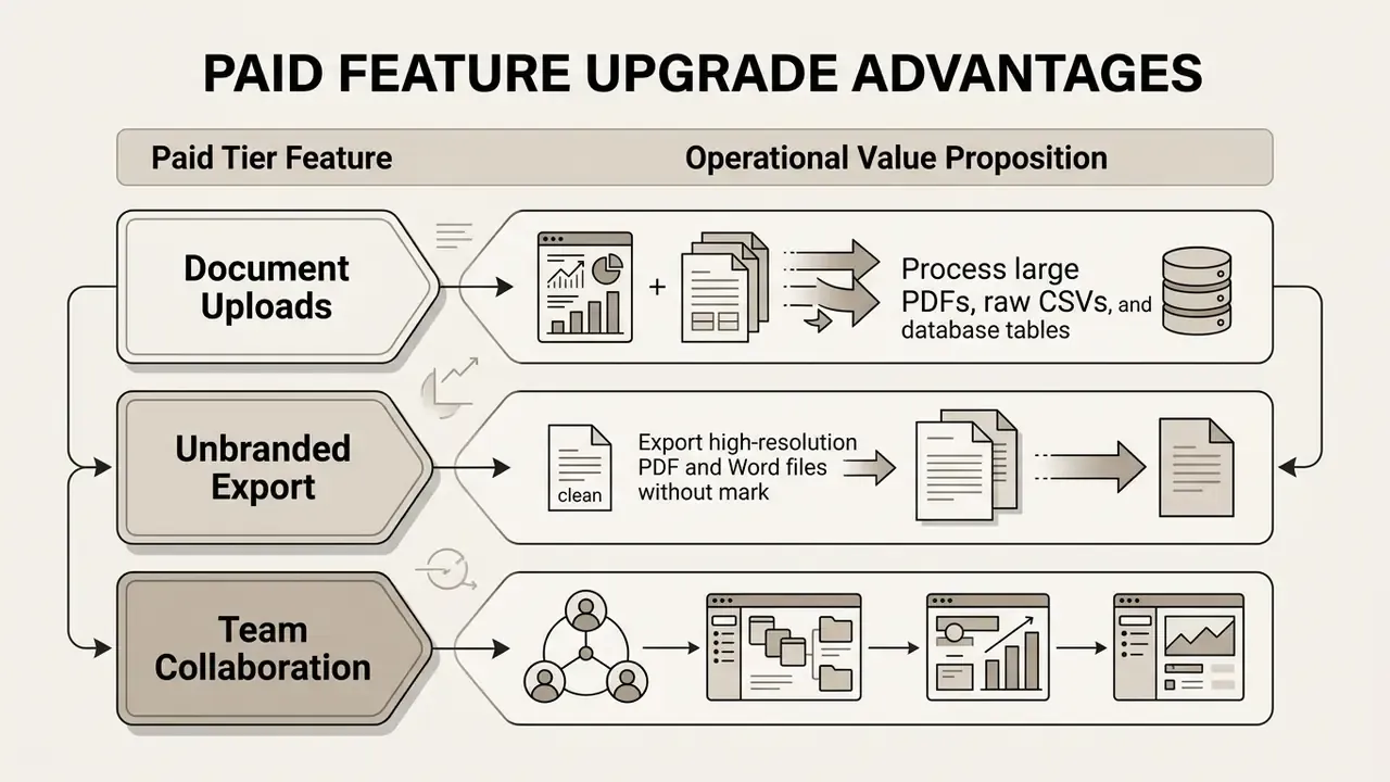 List of paid features including document uploads, unbranded exports, and team collaboration tools