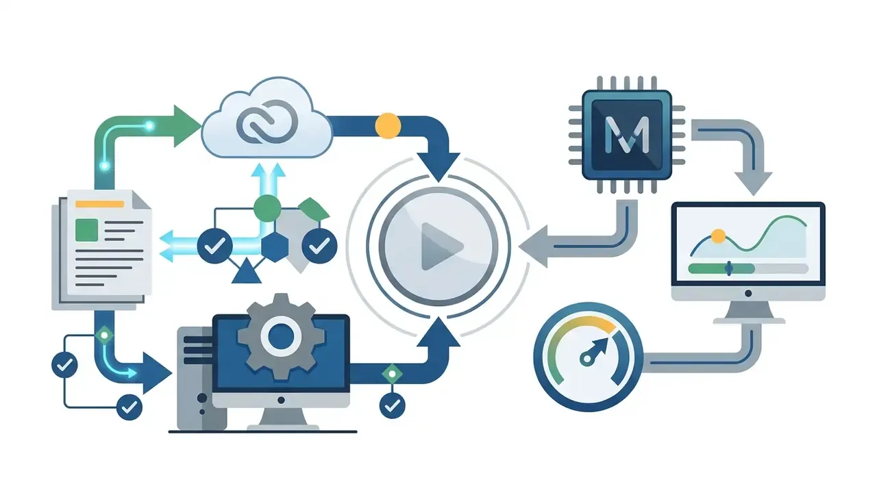 Process diagram showing cloud integration, computer hardware, and performance metrics for video editing