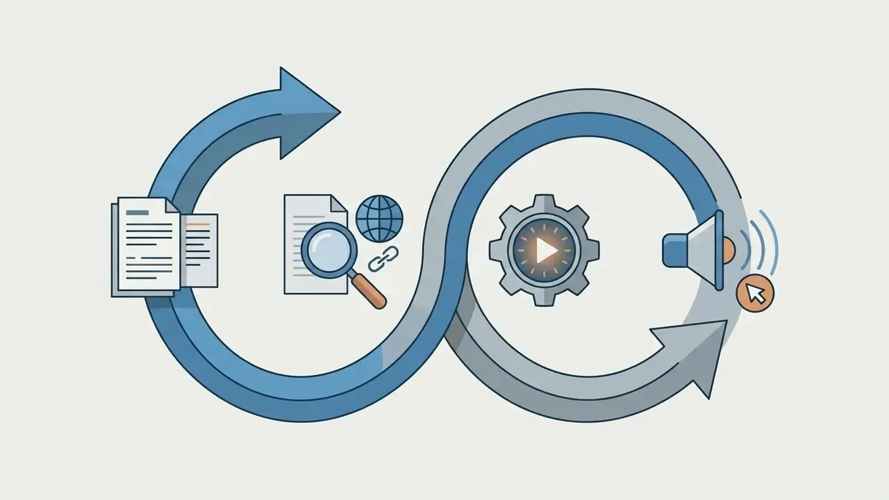 Infinity loop graphic showing document analysis, gear processing, and audio output icons