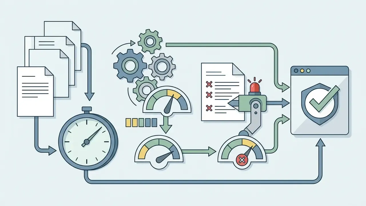 Documents and a stopwatch flow through a gear system to generate status gauges and a verified shield icon