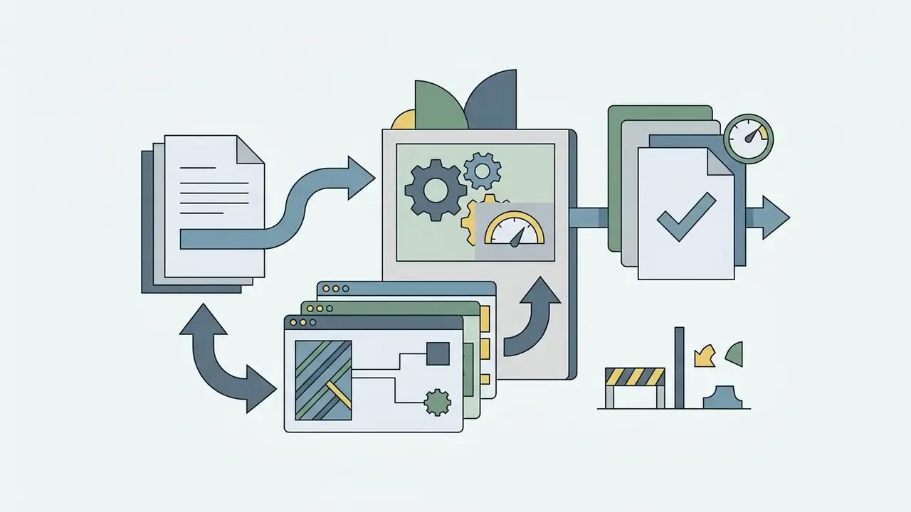 Diagram showing document processing with gears, speed gauges, and layered windows in a cyclical workflow