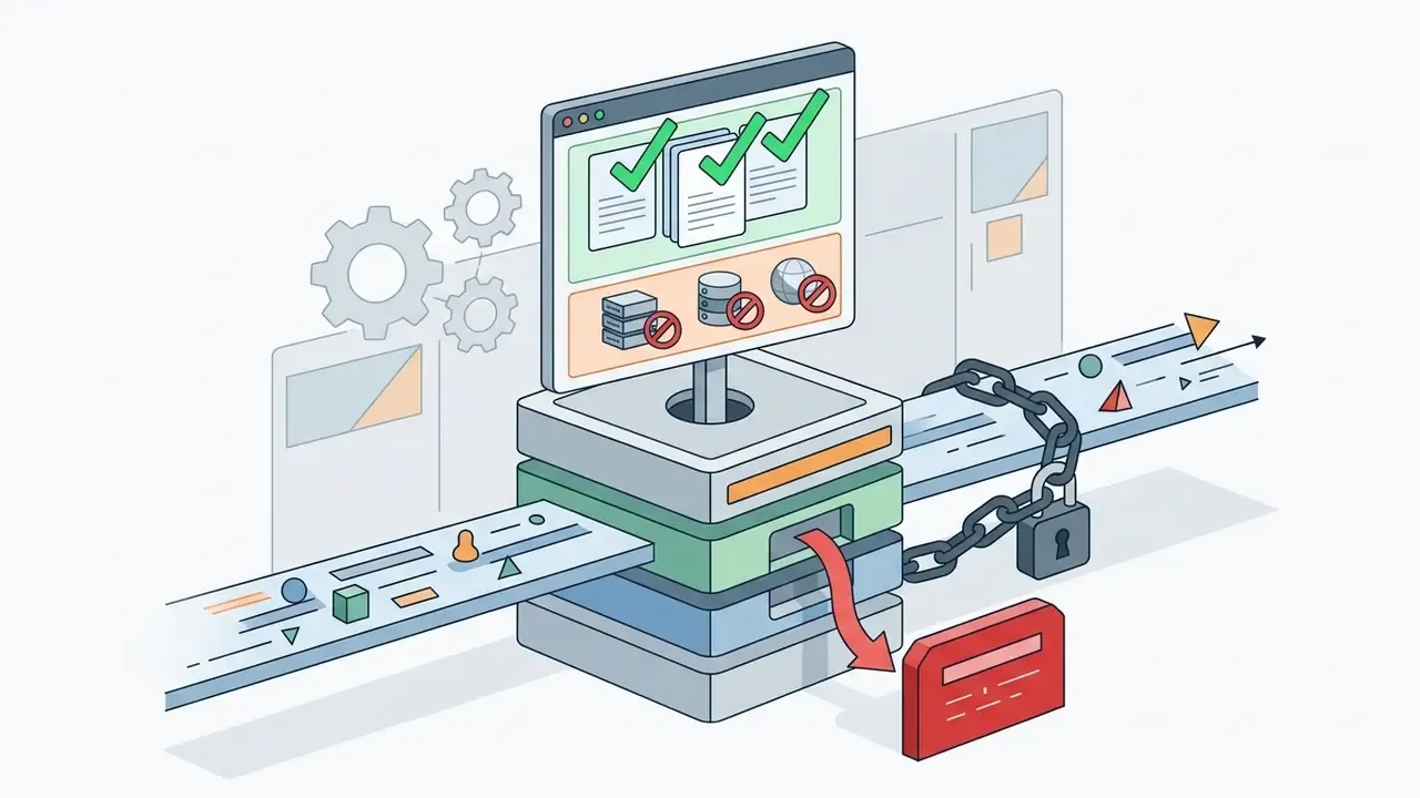 Central server blocking unauthorized data flows with a chain and padlock while approving select files
