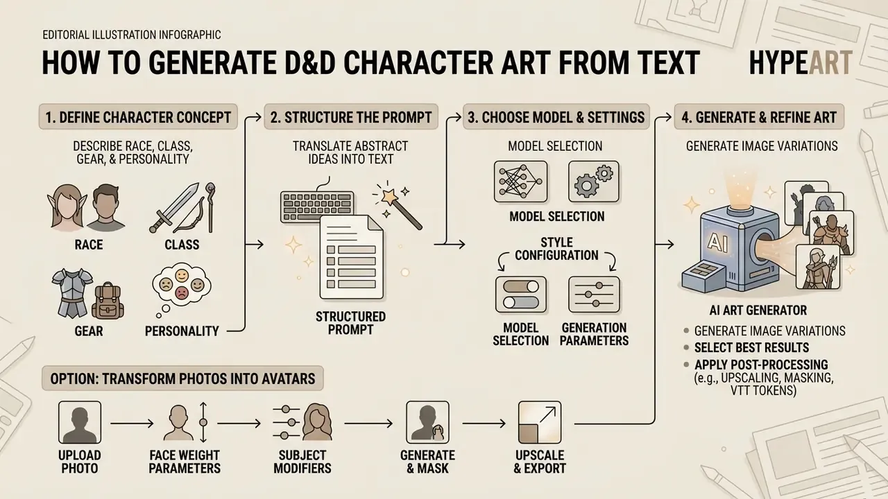 Step-by-step infographic showing how to use a DnD AI art generator to create character portraits
