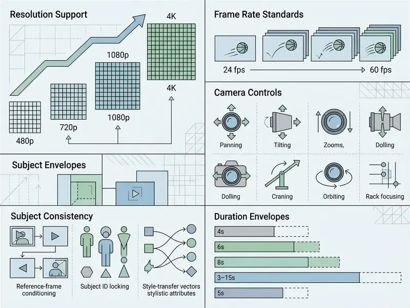 Matrix of technical parameters for AI video generation including resolution, frame rates, and camera controls