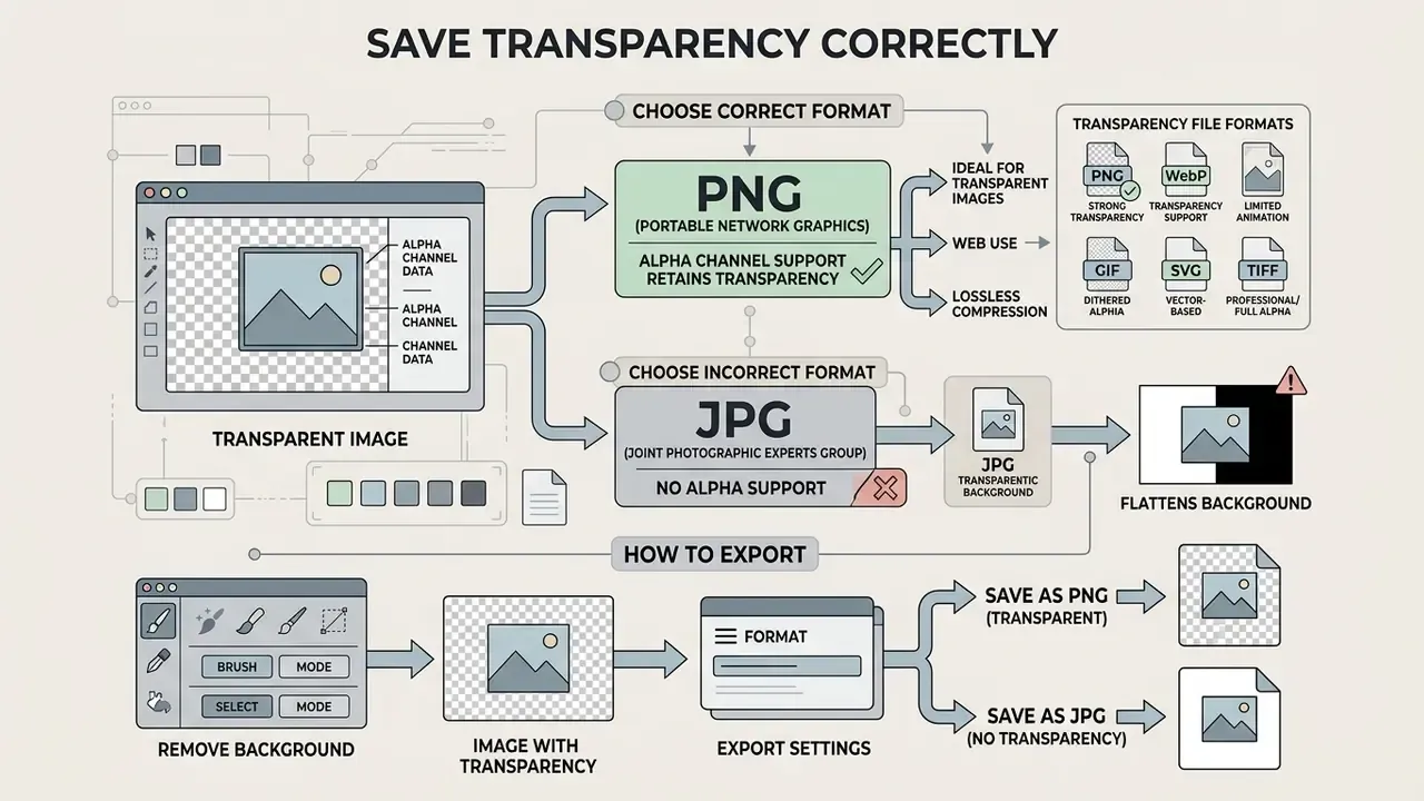 Flowchart comparing file formats for retaining alpha channel transparency during image export