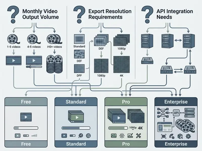 Decision flow chart matching video volume, resolution, and API needs to Runway AI subscription tiers