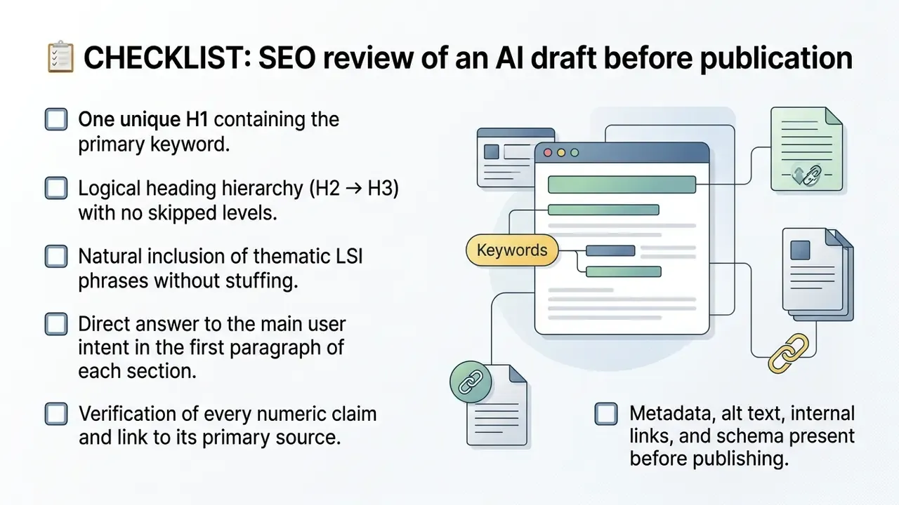 List of SEO requirements for content publication alongside a diagram of document elements and links