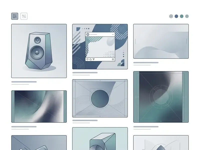 Grid of ai creative images displaying abstract designs and product mockups in a minimalist style