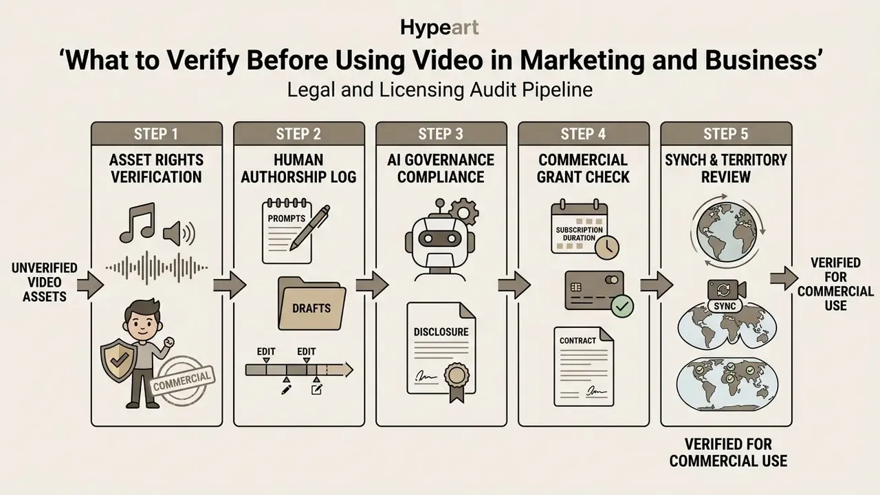 Five step flowchart detailing a legal and licensing audit pipeline for video assets and commercial use
