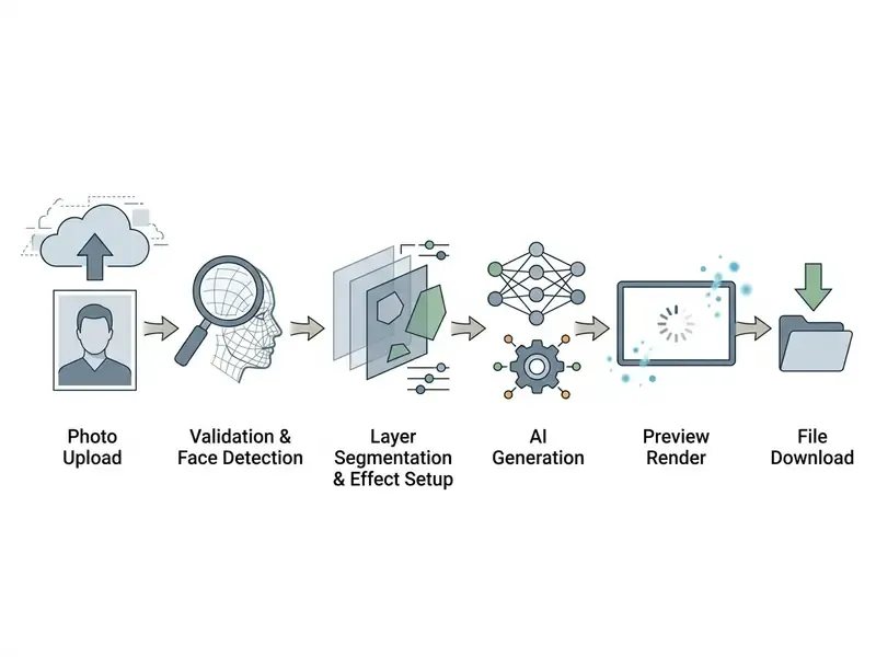 Sequential process steps for an AI cumshot generator from photo upload to final file download