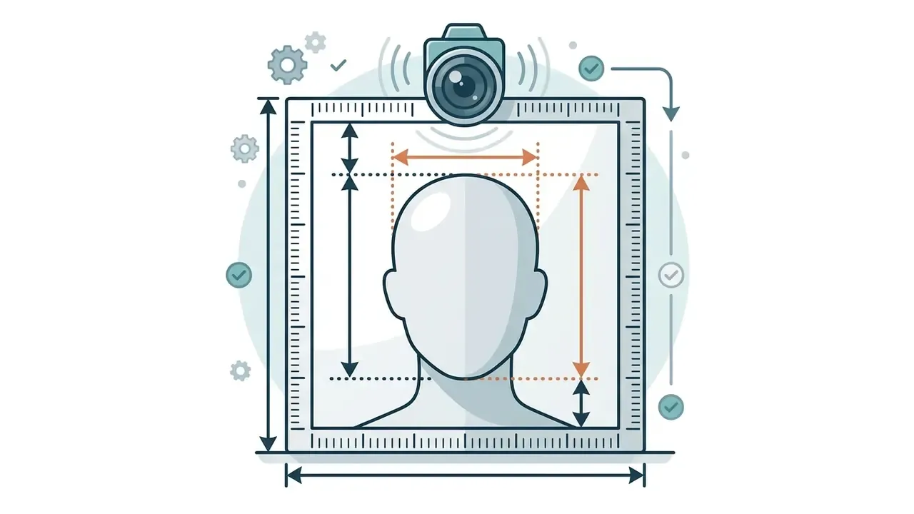 Diagram showing a human head silhouette inside a square frame with measurement arrows for facial proportions