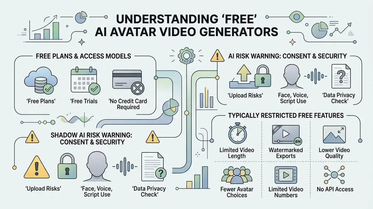 Infographic detailing access models, security risks, and common feature restrictions for AI video tools