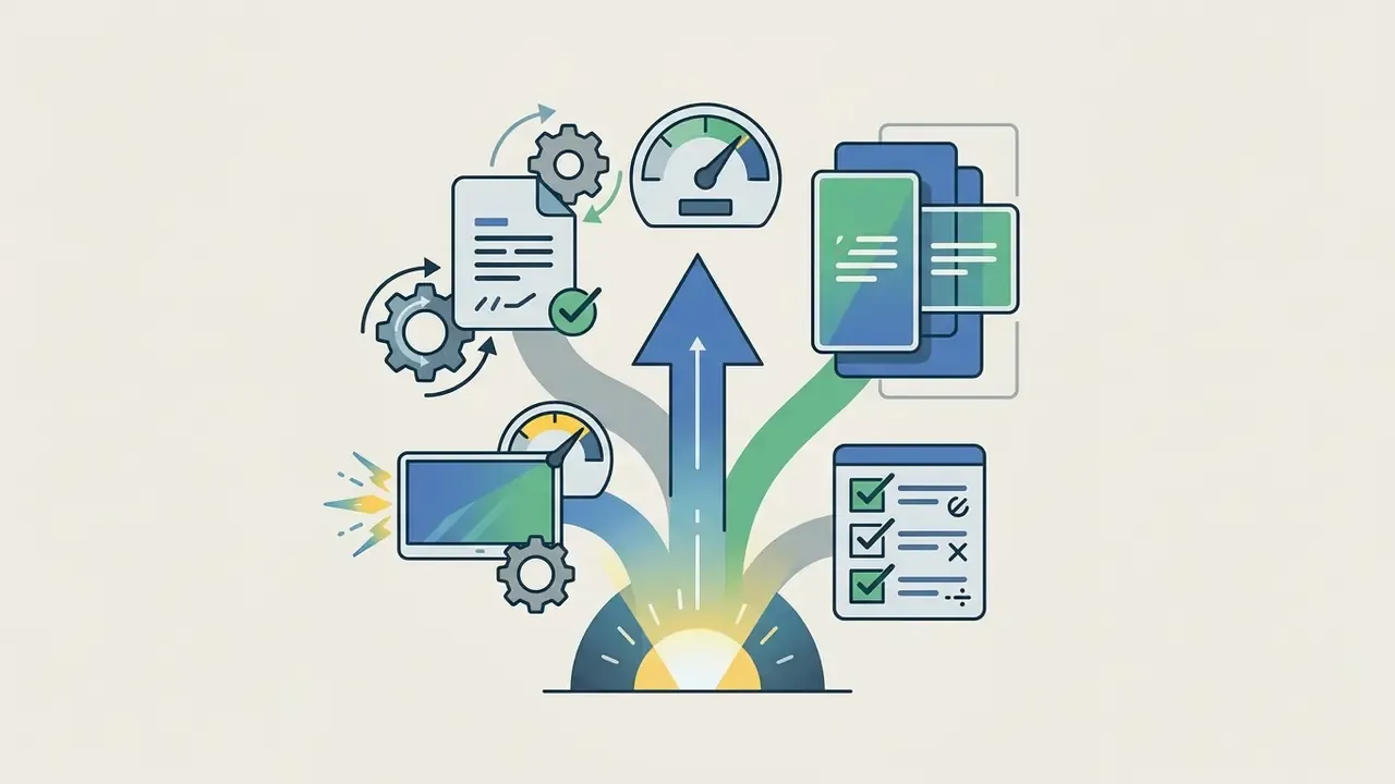 Central arrow pointing upward surrounded by icons for document processing, speed, mobile screens, and checklists