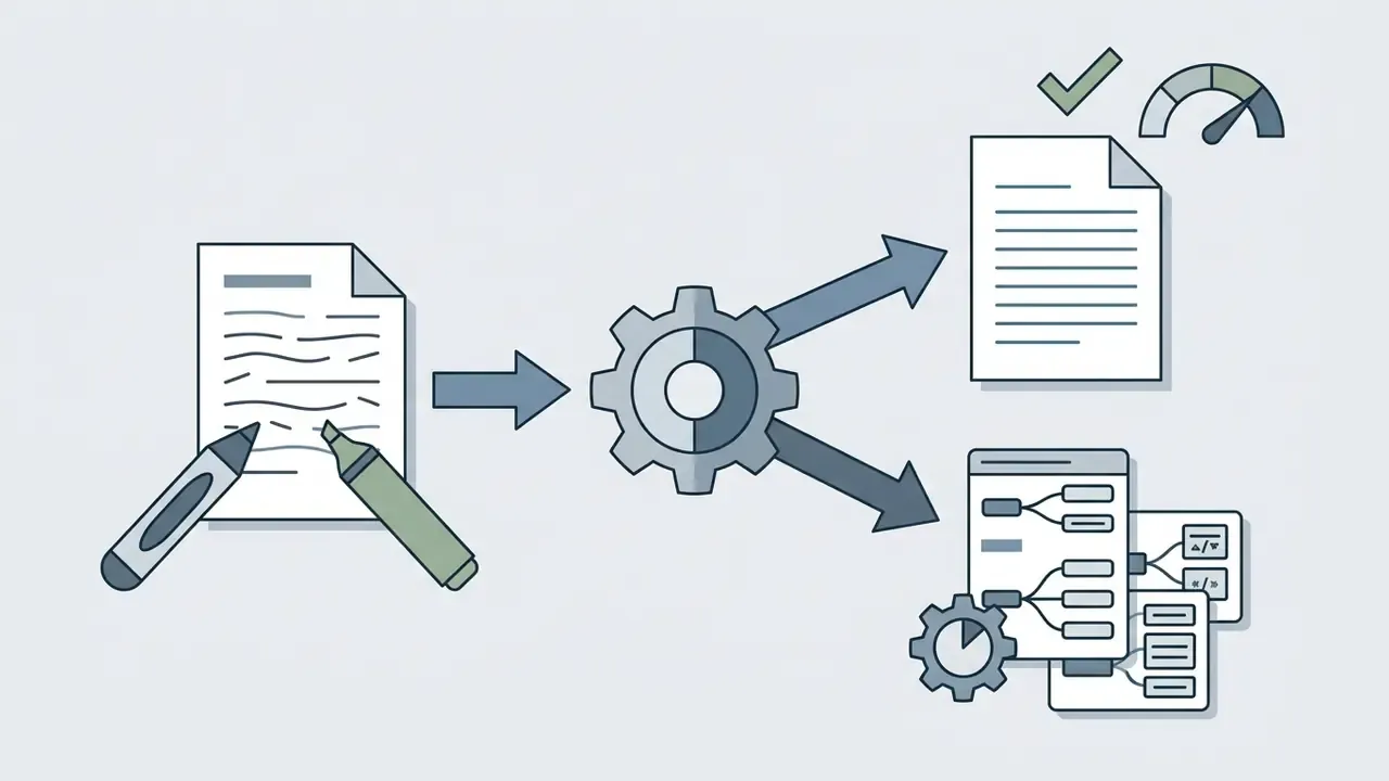 Text being edited with markers then processed through a gear to produce a document and data structures
