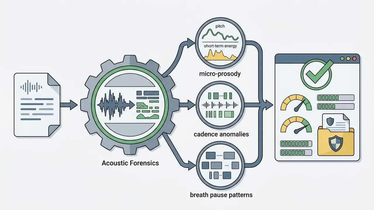 A process flow showing audio data analyzed through gear-based forensics into metrics for validation