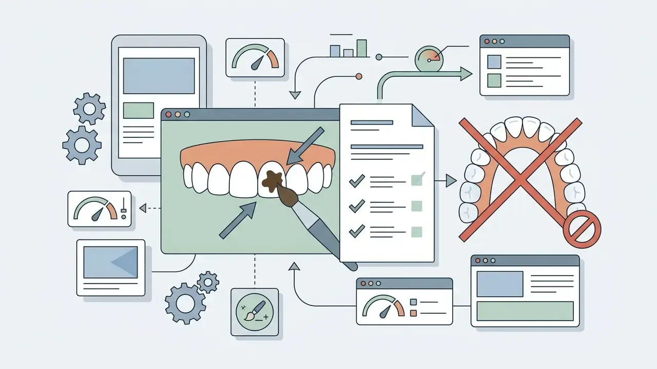 Brush tool removing a stain from a tooth with a checklist and crossed out full arch graphic