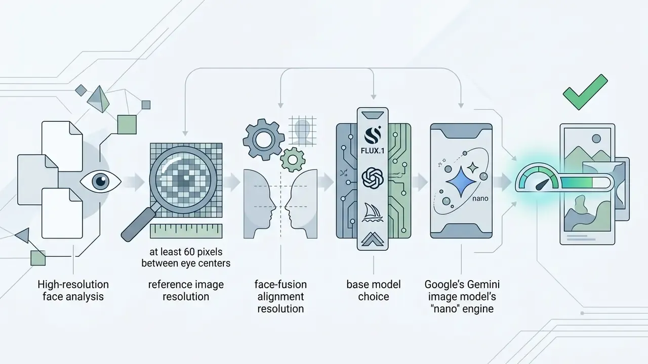 Process showing face analysis, alignment, model selection, and engine optimization for image generation