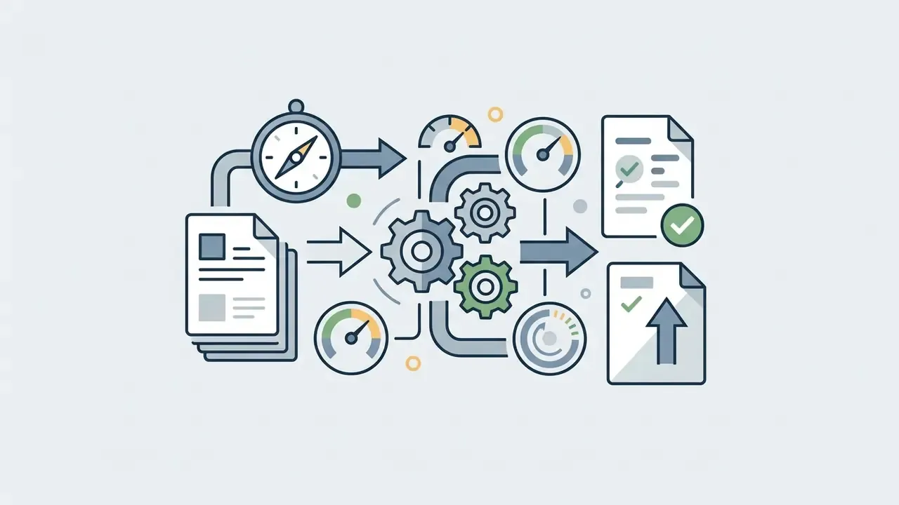 Stack of documents moving through a gear system and gauges toward finalized reports with checkmarks