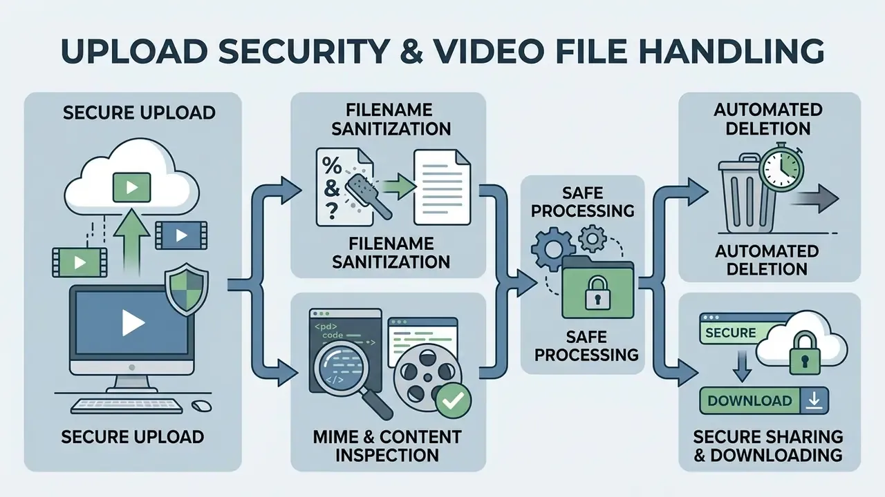 Flowchart detailing video file handling steps from initial upload through sanitization to final download