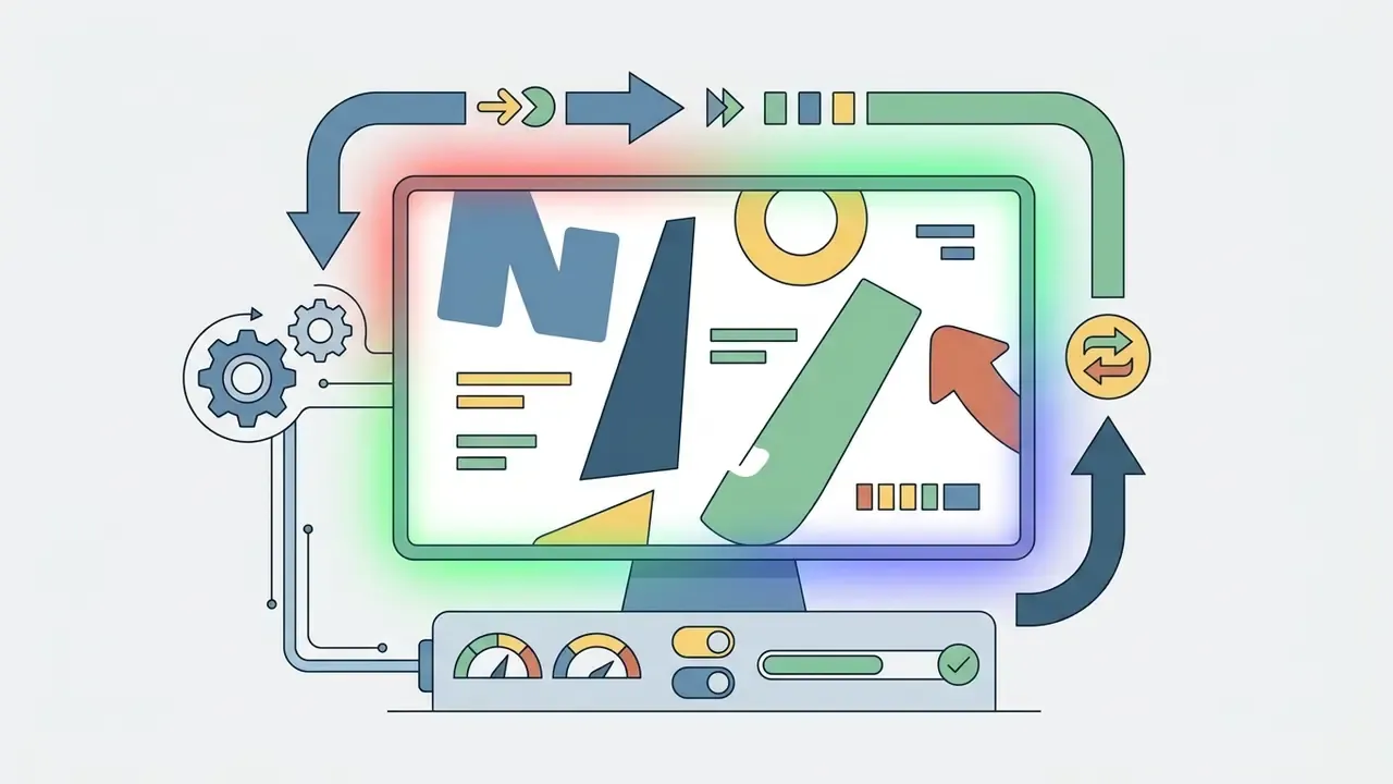 Computer monitor displaying geometric shapes and text surrounded by a glowing RGB frame and process arrows