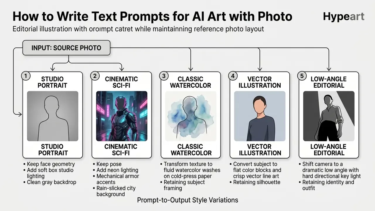 Diagram showing five distinct artistic style transformations applied to a single source photo