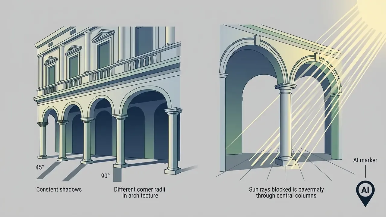 Architectural sketches showing inconsistent shadow angles and light rays passing through solid columns
