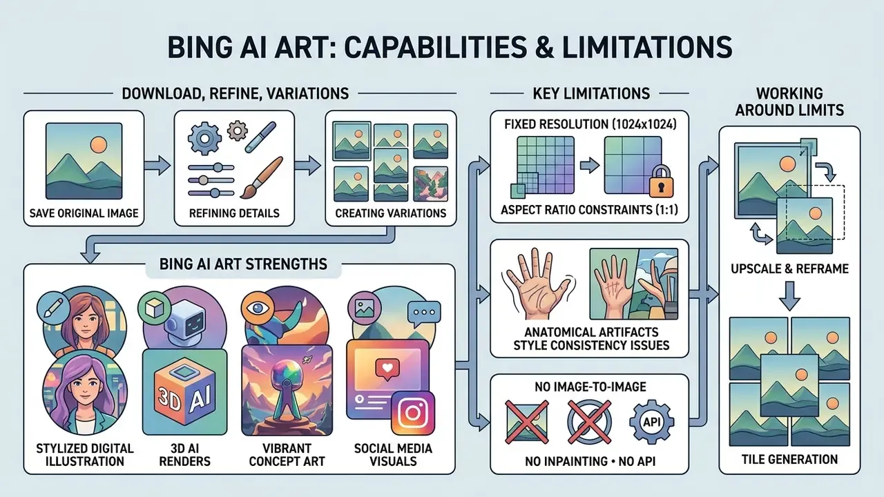 Summary chart comparing creative strengths against technical constraints and workarounds for generated visuals