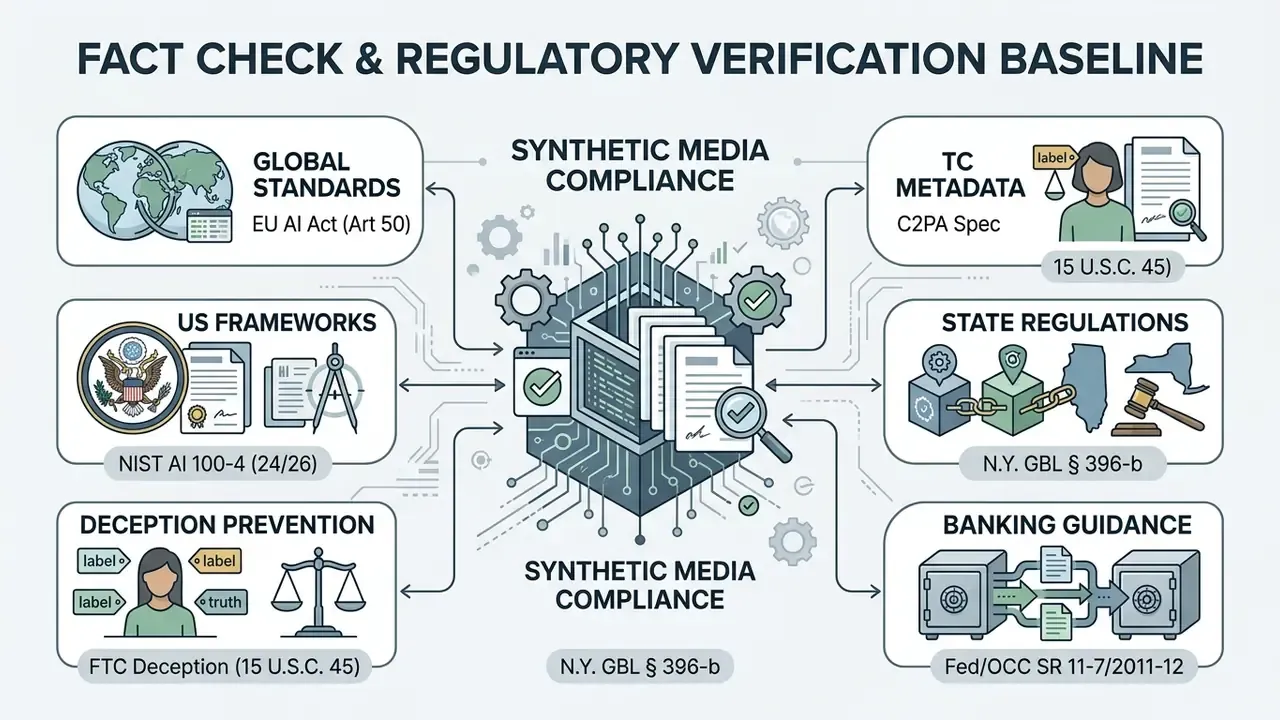Central hub connecting global standards, US frameworks, and specific regulations for synthetic media compliance