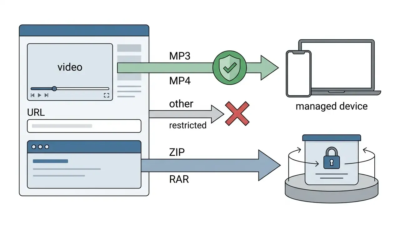 Security filtering of media downloads from an online video converter to managed devices and quarantine