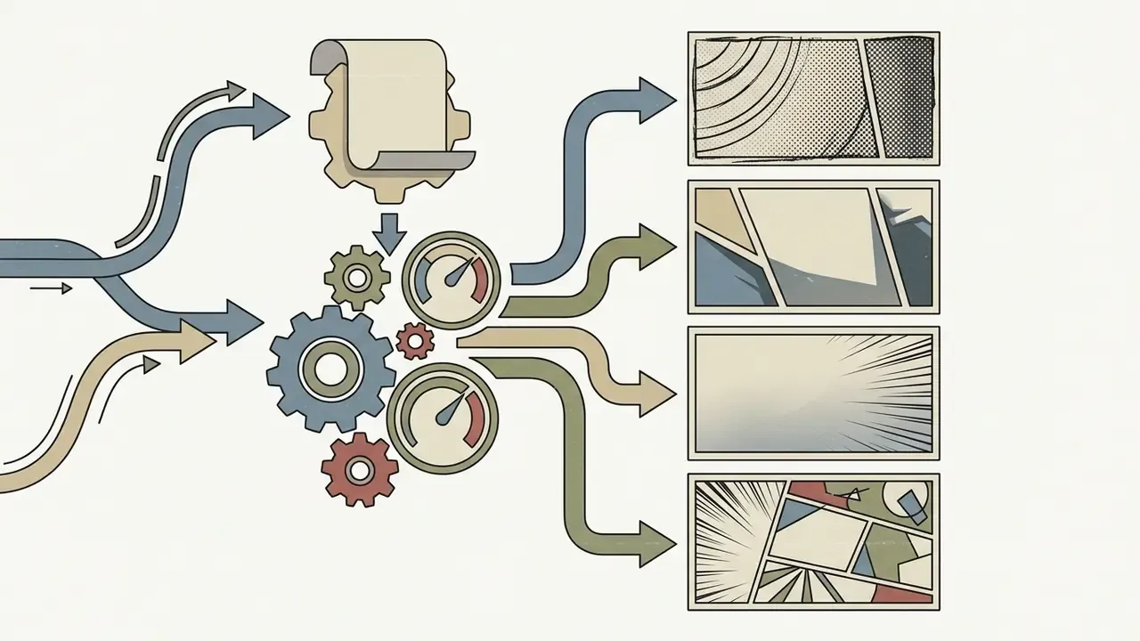 Flowing arrows leading into a gear mechanism that processes inputs into four distinct manga panel styles