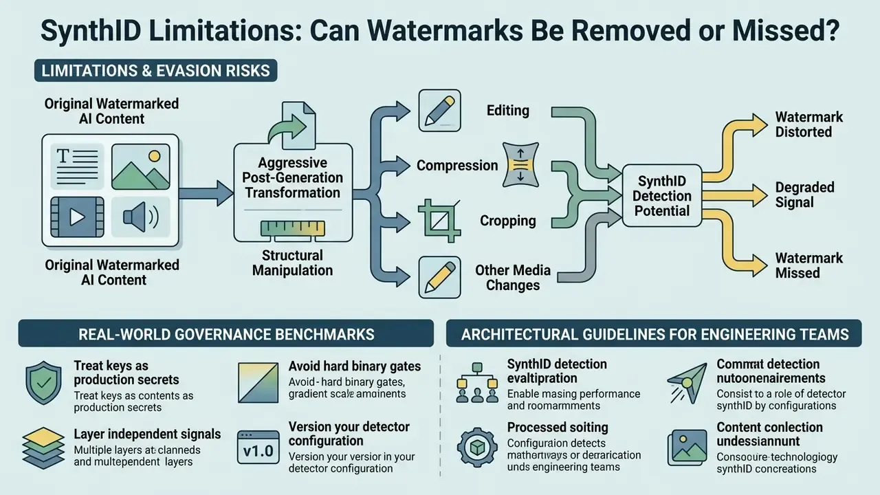 Diagram showing how post-generation edits can distort SynthID watermarks and reduce detection potential