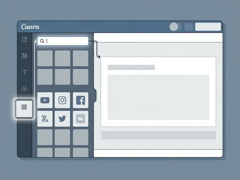 Highlighted Apps icon in the Canva left sidebar menu with a search bar for finding video integrations
