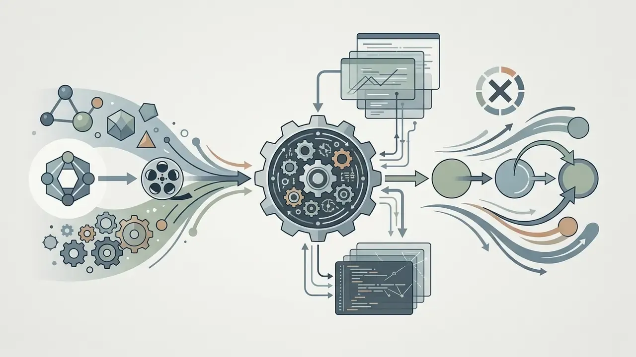 Geometric shapes and gears feeding into a central mechanism that outputs processed motion graphic elements