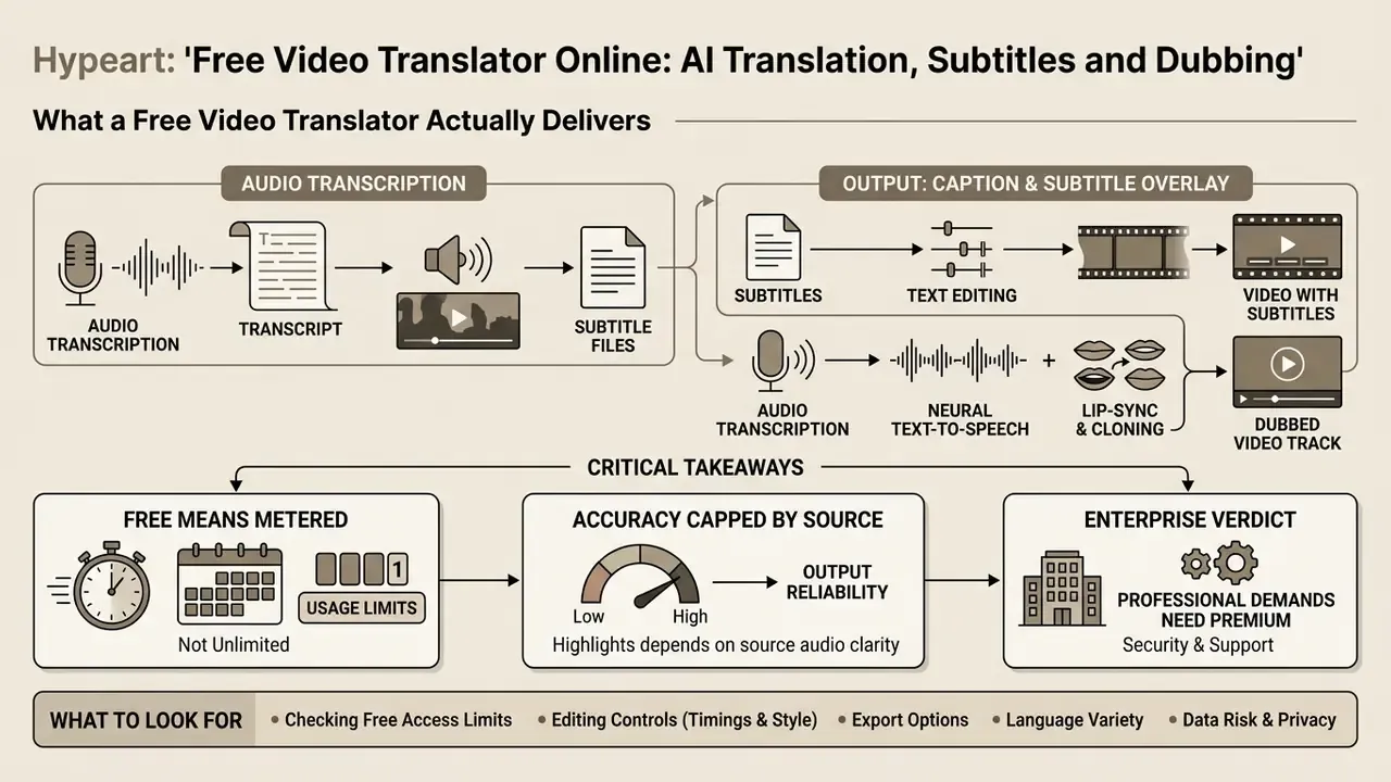 Infographic showing how a free video translator processes audio into subtitles and dubbed video tracks