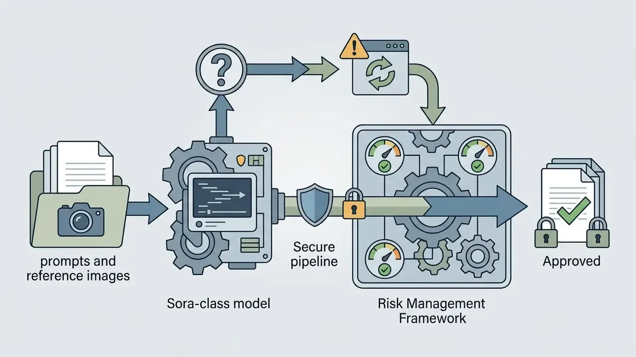 Process flow from prompts and reference images through a Sora-class model into a risk management framework